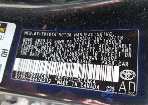 2017 Toyota Corolla Se из США, поврежденный, VIN 2T1BURHE1HC783946